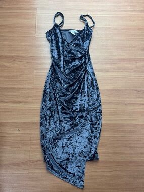 Velvet Wrap Bodycon Dress Gray Blue Asymmetrical Size S